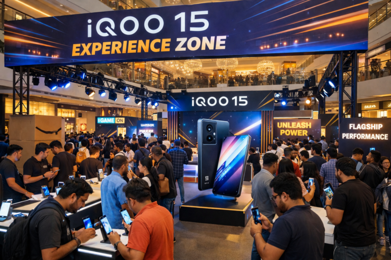 iQOO 15 pop-up experience zone in Bengaluru mall with people testing smartphones and enjoying a live tech event