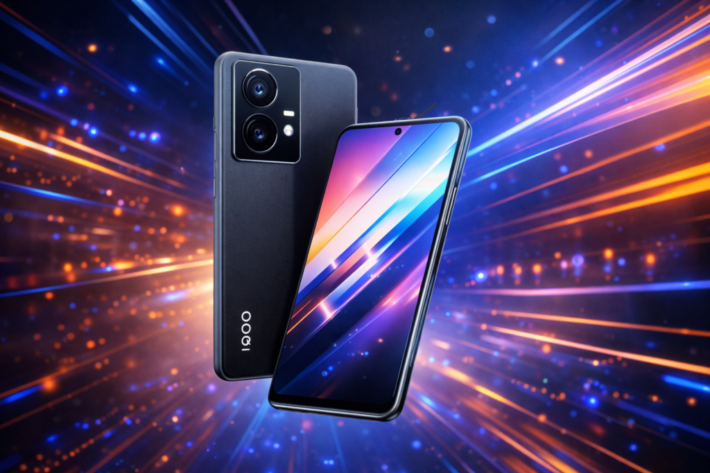iQOO 15 flagship smartphone with 2K OLED display and dual camera setup shown in a futuristic tech background